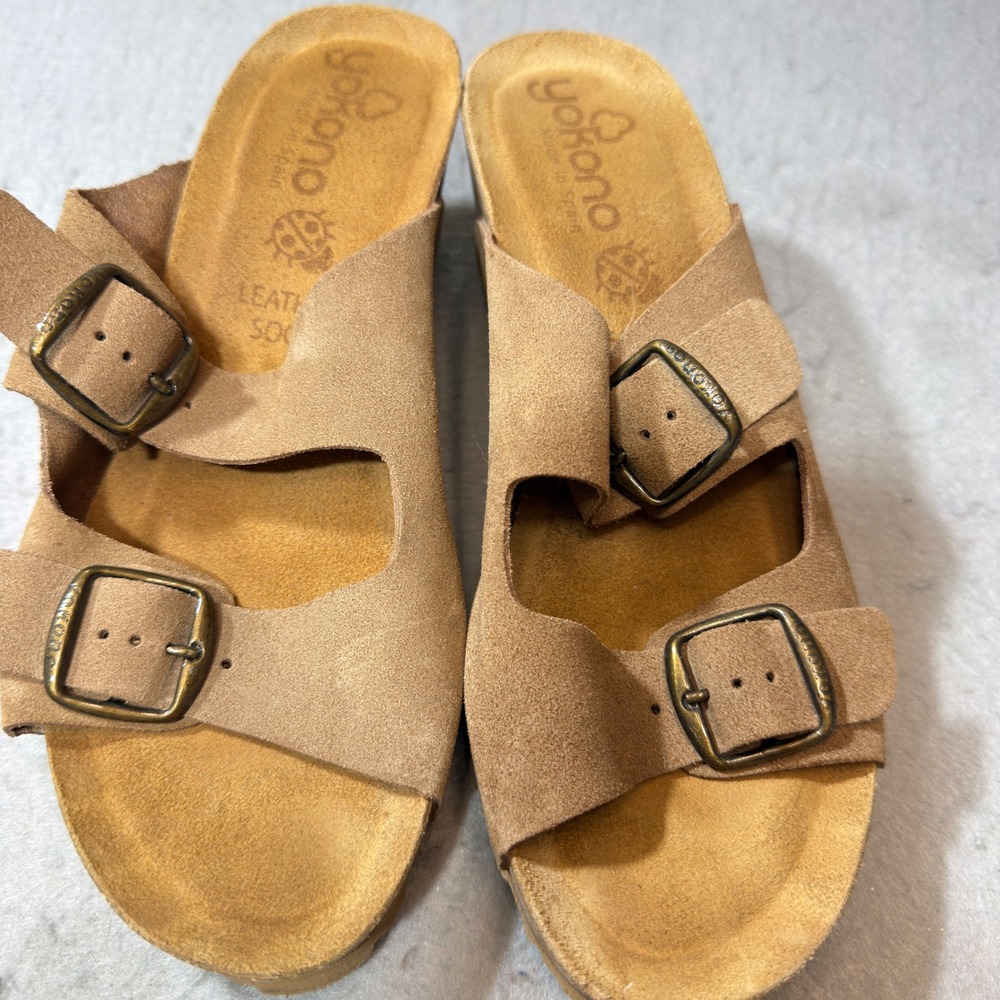 Yokono Wedge Sandals Women 7.5 Tan Brown Leather Two Strap Buckle Made In Spain